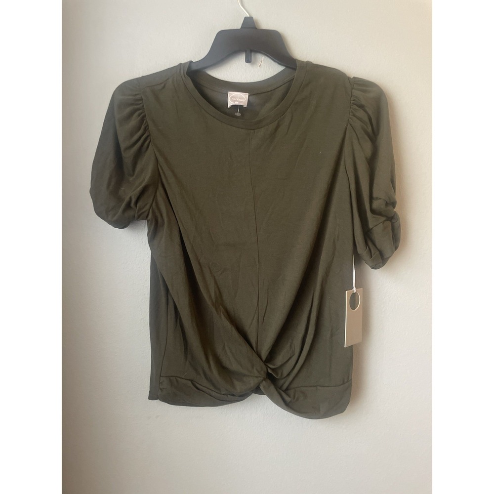 Paperoc Womens Blouse Shirt Top short puffy sleeve twist front‎ NWT